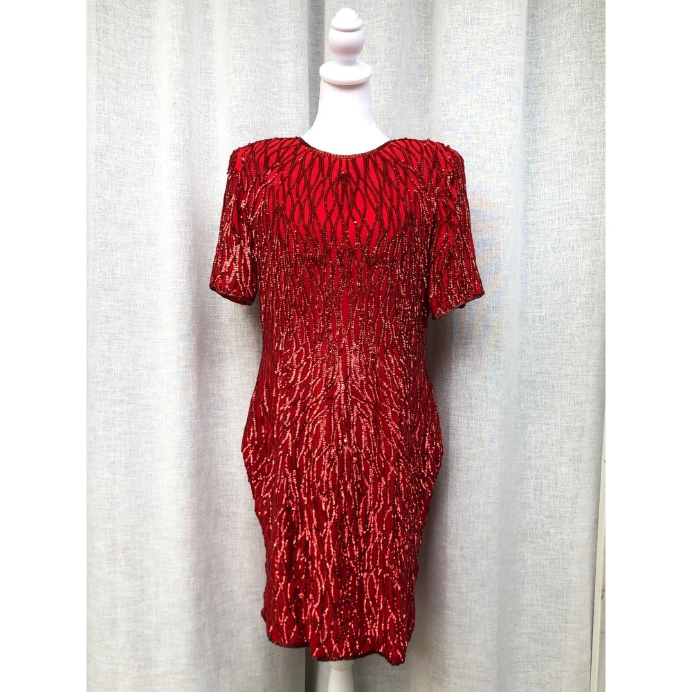Sténay red sequinsand beads short sleeve mini party dress